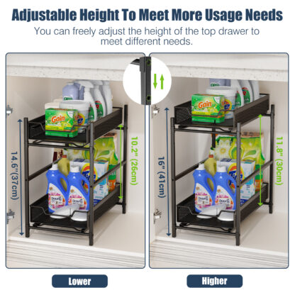 Housolution Organiseur de sous-lavage de cuisine en métal, étagère de soudage amovible à 2 niveaux avec hauteur réglable, pour armoire de cuisine, 2 pièces, noir